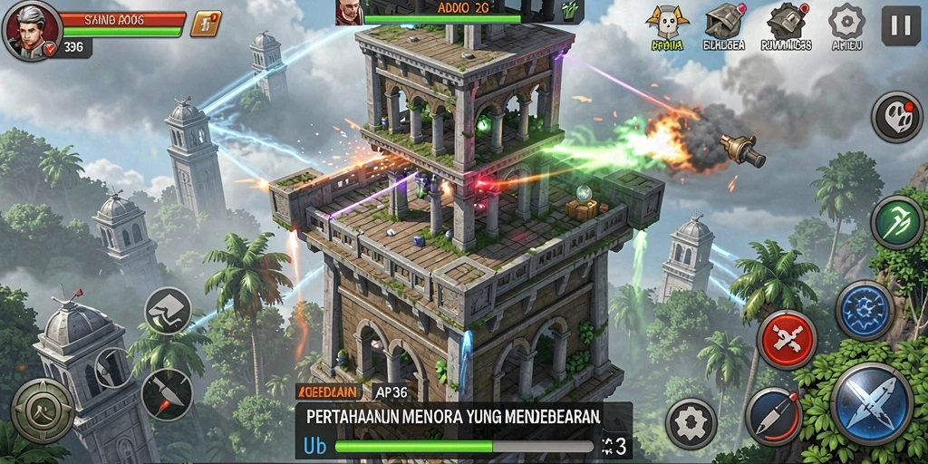 Tampilan gameplay menara pertahanan yang intens di API36.