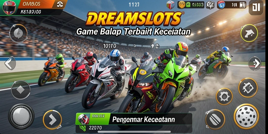 Screenshot dari gameplay balap motor di DREAMSLOTS yang menampilkan kecepatan dan ketegangan.