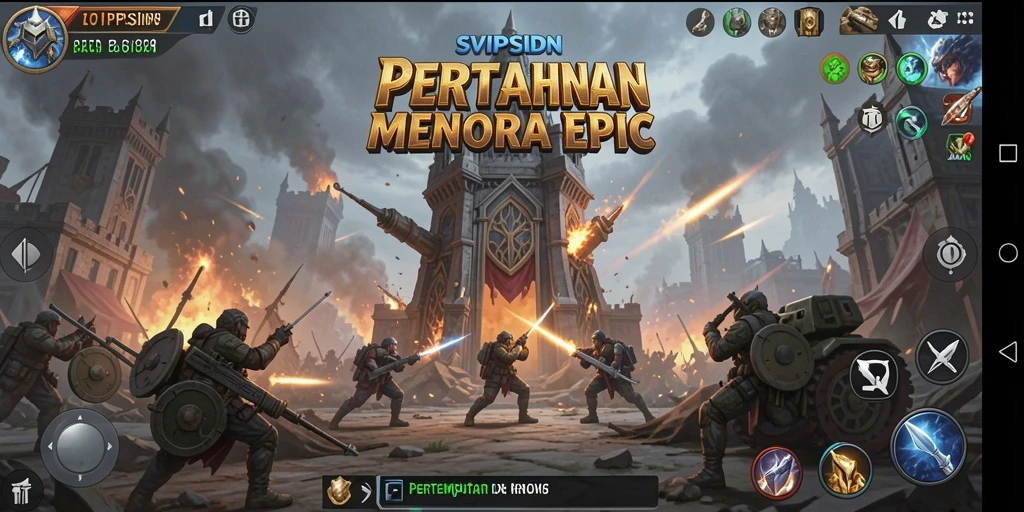 Tampilkan saat permainan Tower Defense dengan menara melawan musuh.