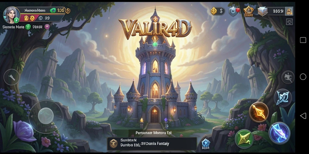 Tampilan gameplay VALIR4D dengan menara yang megah dan musuh yang menyerang.