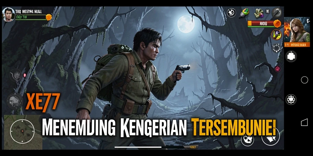 Tangkapan layar gameplay XE77 menampilkan momen menegangkan di kegelapan.